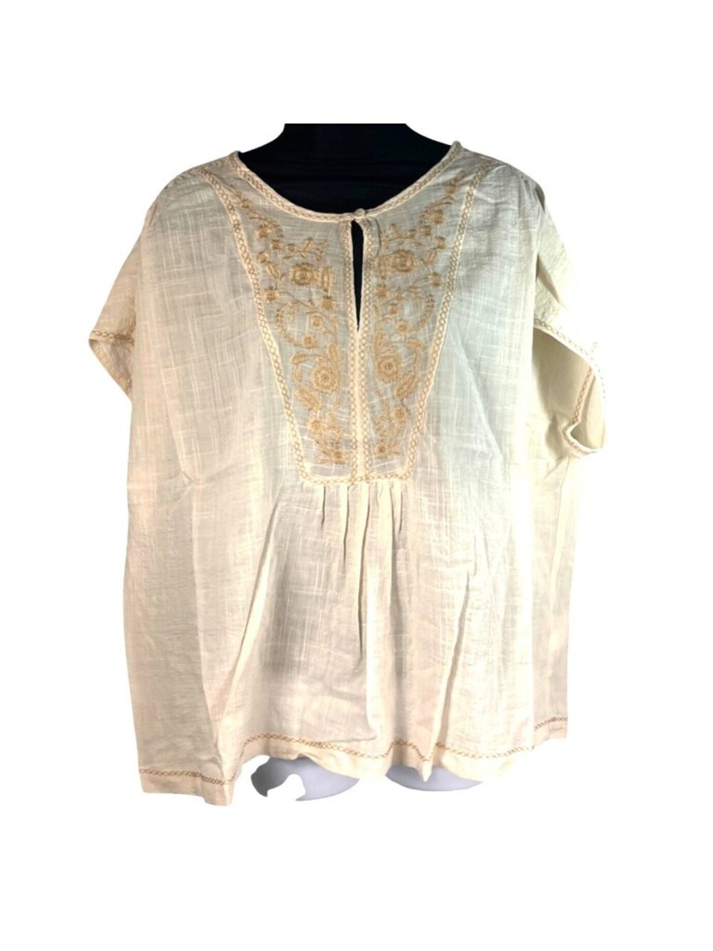 Max Studio Embroidered Short Sleeve Top 1X Antique White w Khaki Blooms NWT